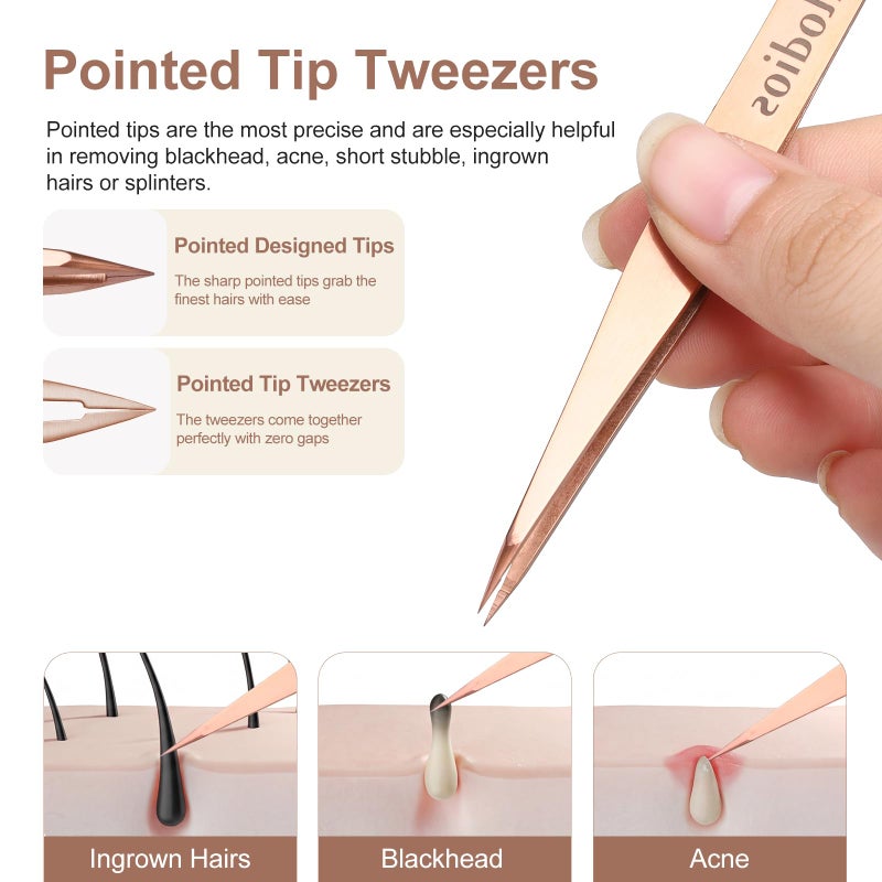 Velodios 2-Pack Precision Tweezers for Eyebrows, Facial Hair, Ingrown Hair Removal, Professional Stainless Steel Eyebrow Tweezers for Women and Men, Tweezer Set with PU Travel Case - Image 3